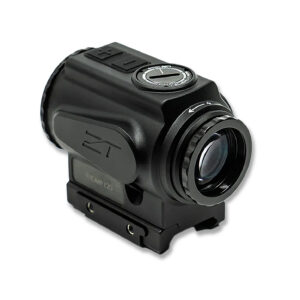 Close-up of a tactical rifle scope with adjustable dials and mounting base.
