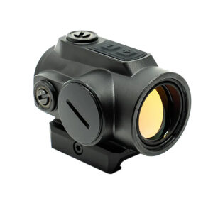 Close-up of a tactical rifle scope with adjustable dials and yellow-tinted lens.
