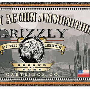 Cowboy Action Ammunition label featuring Grizzly branding and desert scene with cacti.