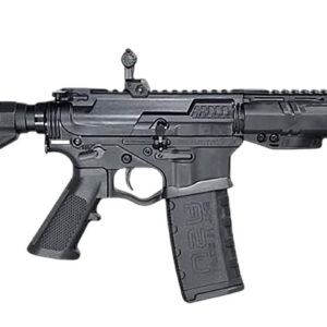 Tactical rifle with adjustable stock and scope mount for precision shooting.