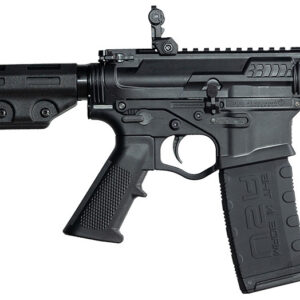 Black tactical assault rifle with adjustable stock and rail system.
