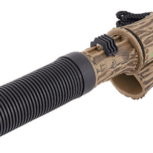 Suppressor with camouflage cover for firearms, designed for noise reduction and tactical use.
