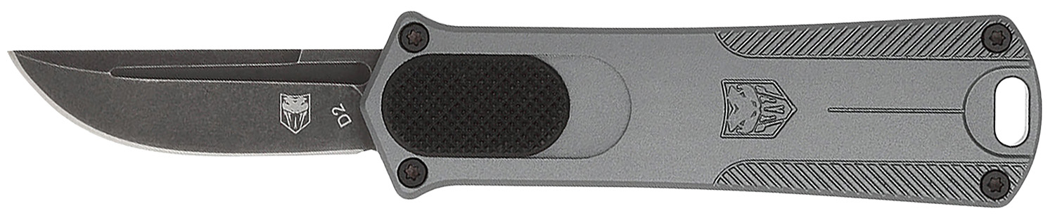 CobraTec Knives CALI952GRYDNS California 952 *CA Compliant 1.75" OTF Drop Point Plain Black Stonewashed D2 Steel Blade, 3" Gray Anodized Aluminum Handle