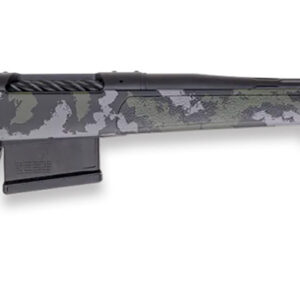 Modern sniper rifle with digital camouflage pattern and long barrel.