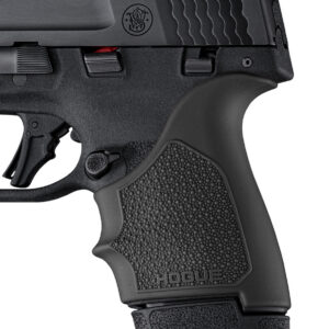 Semi-automatic handgun with textured grip and safety features.