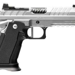 Silver semi-automatic handgun with black grip, detailed design, and tactical features.