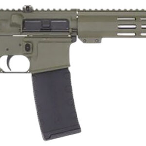 AR-15 semi-automatic rifle with a green finish and adjustable stock for versatile shooting.