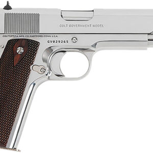 Colt Government Model 1911 semi-automatic pistol with stainless steel finish and wooden grips.