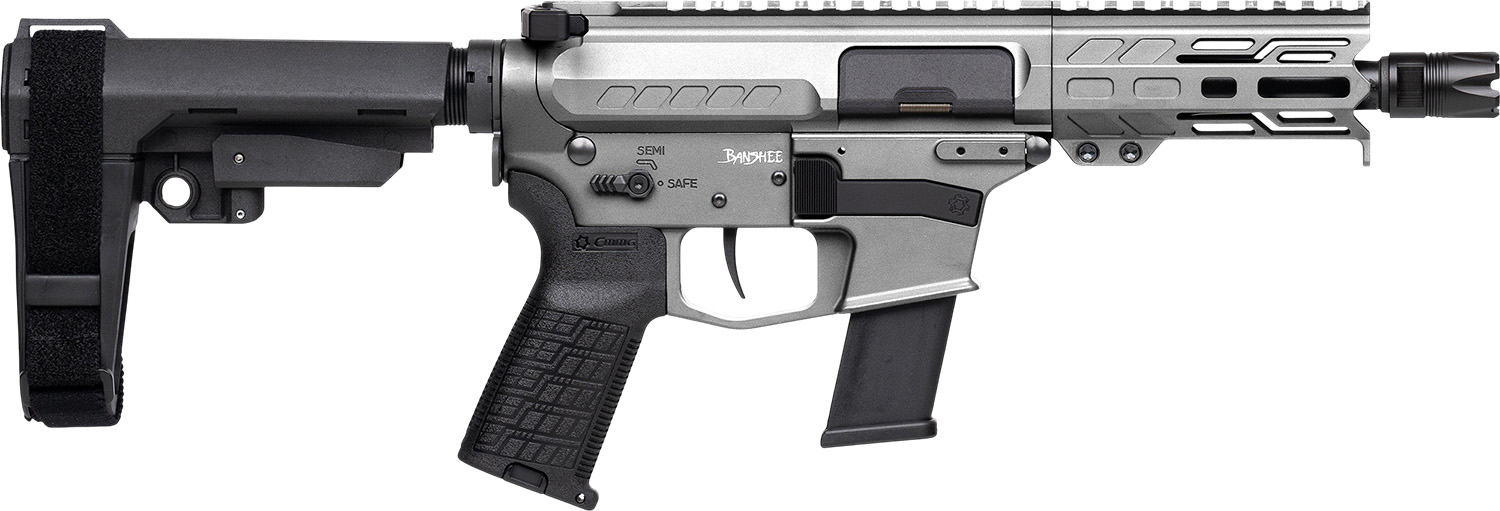 CMMG 45A150FTNG Banshee FE MkG 45 ACP 13+1 5" Black Nitride Threaded Barrel, M-LOK Handguard, Titanium Cerakote Aluminum Receiver w/Picatinny Rail, Black Polymer CMMG RipBrace, CMMG Zeroed Grip
