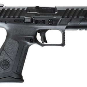 A semi-automatic handgun with a black finish and textured grip.