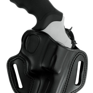 Compact handgun secured in a black leather holster.