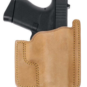Concealed carry gun holster with a tan leather design, fitting a compact handgun securely.