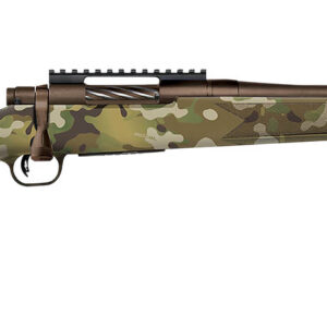 Camouflage-patterned sniper rifle with scope and adjustable stock.