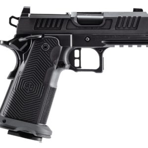 Semi-automatic pistol with black and silver finish, ergonomic grip, and tactical design.