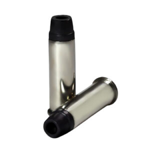 Silencers for firearms with black end caps and metallic bodies.
