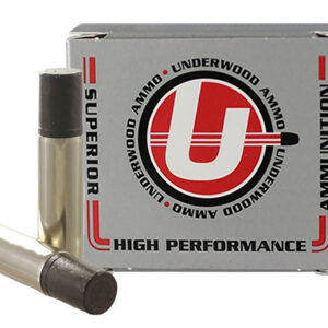 Underwood Ammo box with a single cartridge in front, showcasing high-performance ammunition.