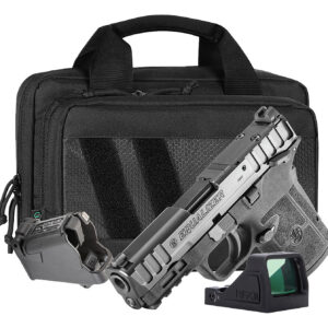 Pistol with laser sight and carrying case for firearm safety and training.