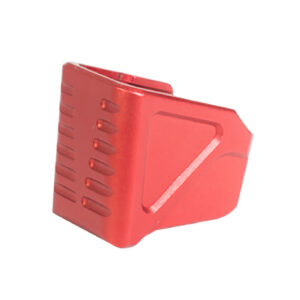 Red plastic magazine loader for quick firearm magazine loading.