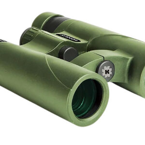 Green binoculars ideal for hunting and outdoor activities, featuring a durable design and high-quali.