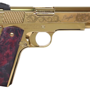 Gold-plated semi-automatic handgun with engraved details and a decorative grip. Perfect for collecto.