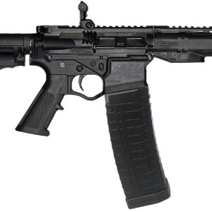 A black semi-automatic rifle with adjustable stock and tactical grip, displayed on a plain backgroun.