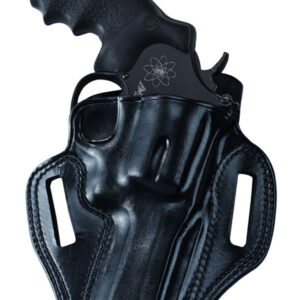 Holster with a black handgun in a leather holster for concealed carry.