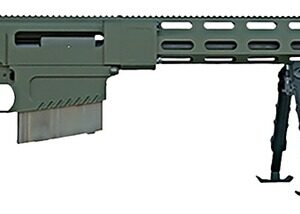 A detailed view of a tactical sniper rifle with adjustable stock and bipod.