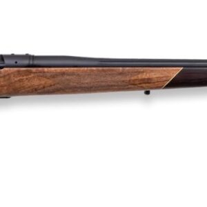Rifle with wooden stock and long barrel for hunting or target shooting.