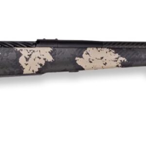 A rifle with a black and beige camouflage pattern on the stock and barrel.