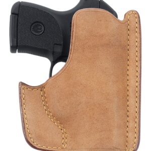 Black handgun in a tan leather concealed carry holster.