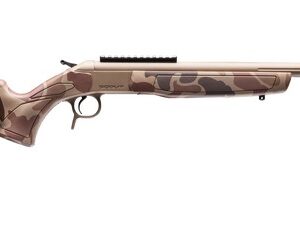 Rifle with camouflage finish and scope for hunting or target shooting.