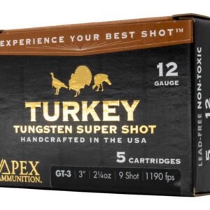 Ammunition box for 12 gauge tungsten super shot, handcrafted in the USA, with 5 cartridges.