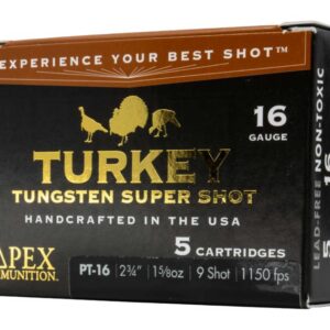 Close-up of Turkey Tungsten Super Shot 16-gauge ammunition box with detailed labeling.