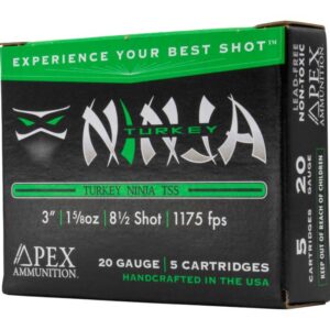 Turkey Ninja TSS 20 gauge shotgun ammunition box with green and black design.