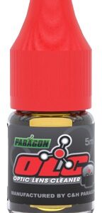 Optic lens cleaner in a small red bottle for firearm optics.