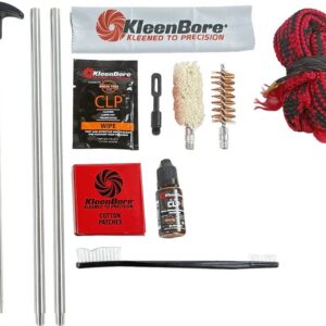 Gun cleaning kit with brushes, patches, and tools for firearm maintenance.