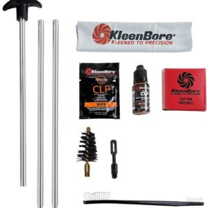 Complete gun cleaning kit including rods, brushes, oil, patches, and accessories for firearm mainten.