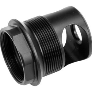 Black firearm silencer adapter with threaded end for attachment.