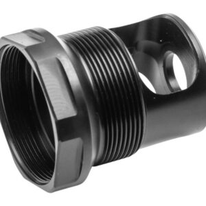 Black firearm barrel adapter with threading and mounting hole.