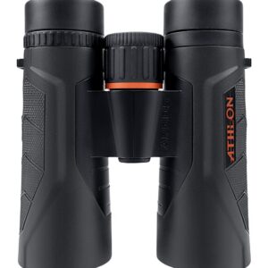 High-quality black binoculars with orange accents, ideal for outdoor and sporting activities.