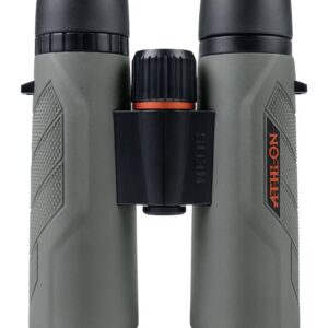 Compact green binoculars with black eyepieces and central focus wheel.
