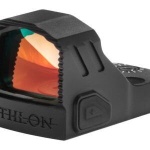 Compact red dot reflex sight for firearms with adjustable brightness.