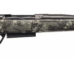 Modern camouflage hunting rifle with scope and synthetic stock.