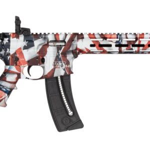 Firearm with American flag-inspired camouflage design, featuring a sleek black barrel and magazine.