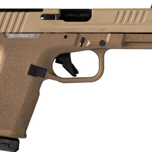 A tan-colored semi-automatic pistol with textured grip and black slide, displayed against a plain ba.
