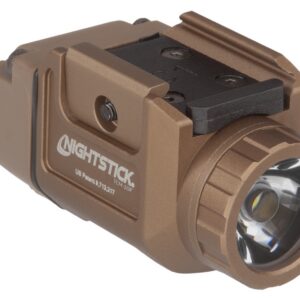 Compact tan tactical flashlight with LED and mounting rail for firearms.