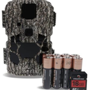 Trail camera with camouflage design, batteries, and 16GB SD card for wildlife monitoring.