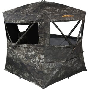 Camouflage hunting blind for outdoor concealment and wildlife observation.