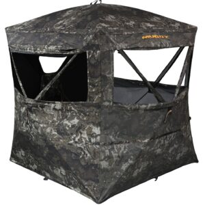 Camouflage hunting blind with windows for outdoor game hunting.