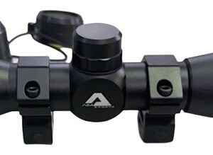Close-up of a high-precision rifle scope with adjustable turrets and magnification lens.